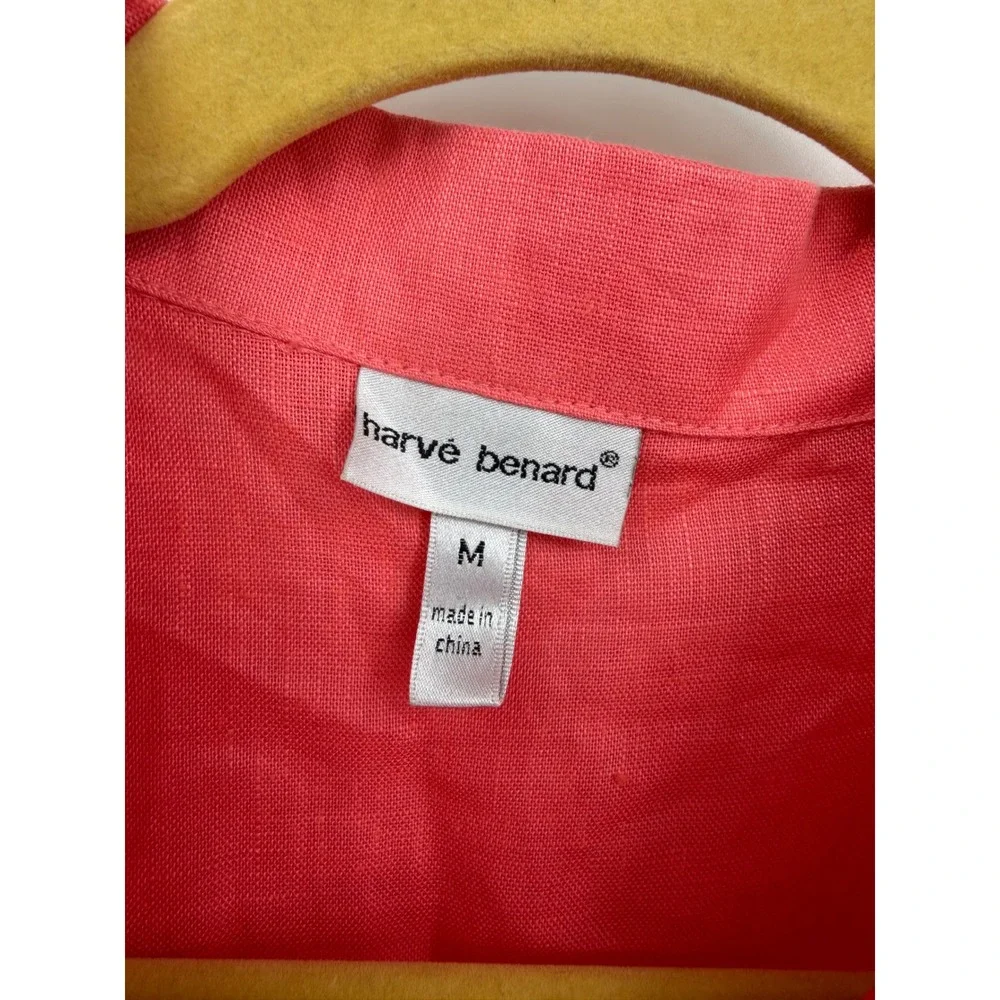 Harve‎ Benard Smocked Waist Linen Blouse Womens Size Medium Coral Pink Roll Tab